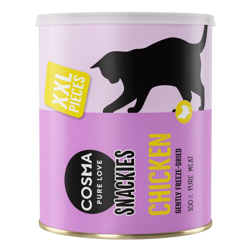 Cosma Pure Love Snackies Chicken, XXL pieces, gently freeze-dried, 100% pure meat. Packaging in purple with black cat silhouette.