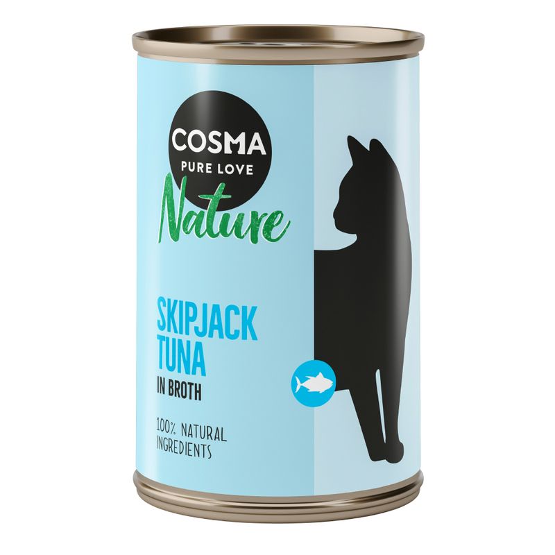 Cosma Nature Skipjack Tuna in Broth, 100% natural ingredients. Cat silhouette on light blue can.