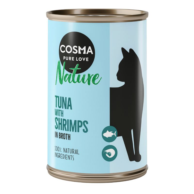 Cosma Nature cat food, tuna with shrimp in broth, 100% natural ingredients.