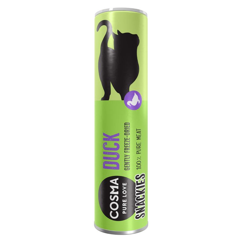 Cosma Snackies Duck, gently freeze-dried, 100% pure meat. Green packaging design with black cat silhouette and duck symbol.