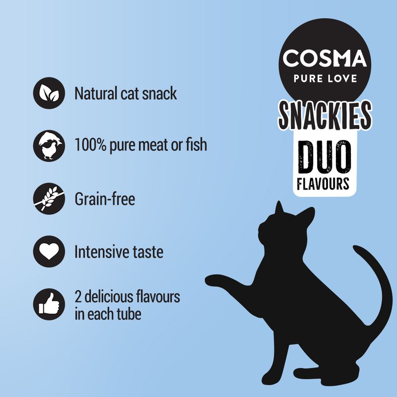 COSMA PURE LOVE SNACKIES DUO FLAVOURS. Natural cat snack, 100% pure meat or fish, grain-free, intensive taste, 2 delicious flavours in each tube.