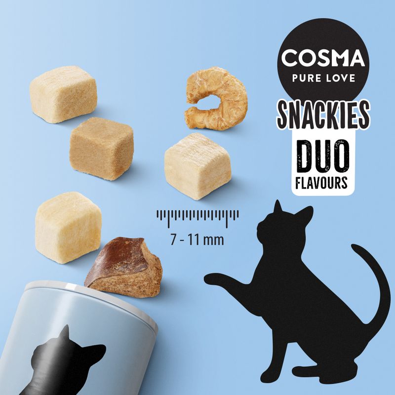 Cosma Snackies Duo Flavours treats shown in various shapes and sizes, with a size guide indicating pieces are 7 to 11 mm.