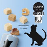 Cosma Snackies Duo Flavours treats shown in various shapes and sizes, with a size guide indicating pieces are 7 to 11 mm.