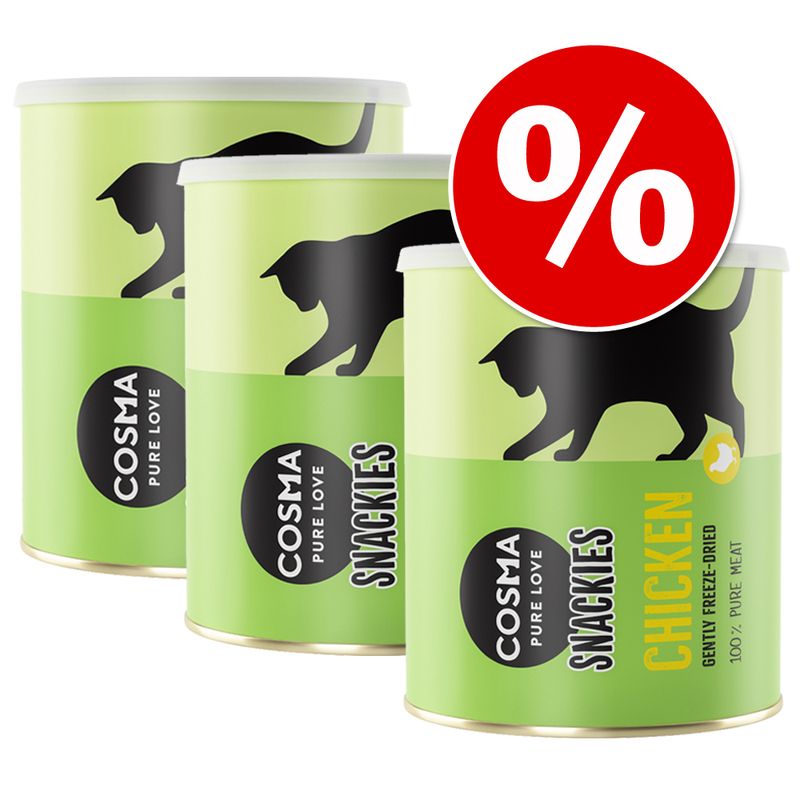 Cosma Pure Love Snackies Chicken, freeze-dried, 100% pure meat. Discount symbol with percent sign visible.