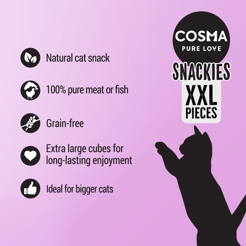 Cosma Pure Love Snackies XXL Pieces: natural cat snack, 100% pure meat or fish, grain-free, extra large cubes for long-lasting enjoyment, ideal for bigger cats.