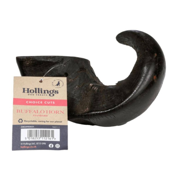 Buffalo horn treat with label showing 'Choice Cuts', 'Buffalo Horn Standard', barcode, and recycling information.
