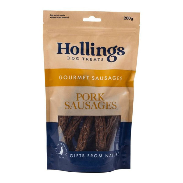 200g pack labelled Hollings Dog Treats, Gourmet Sausages, Pork Sausages, Gifts from Nature. Pack states it is made with recycled material.