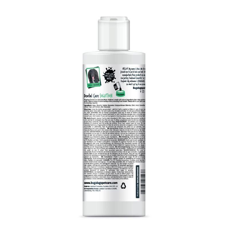 BugALugs Dental Care Solution bottle showing ingredients, usage instructions, and product information for pet oral hygiene. Text includes directions and website link.
