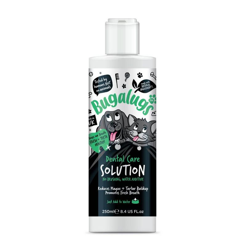 Bugalugs Dental Care Solution, water additive with natural ingredients. No brushing needed. Reduces plaque and tartar buildup, promotes fresh breath. 250ml bottle. Just add to water.