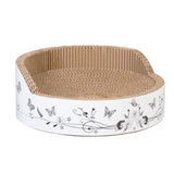 Round scratching mat made of corrugated cardboard with white edge, decorated with butterfly and flower motifs.