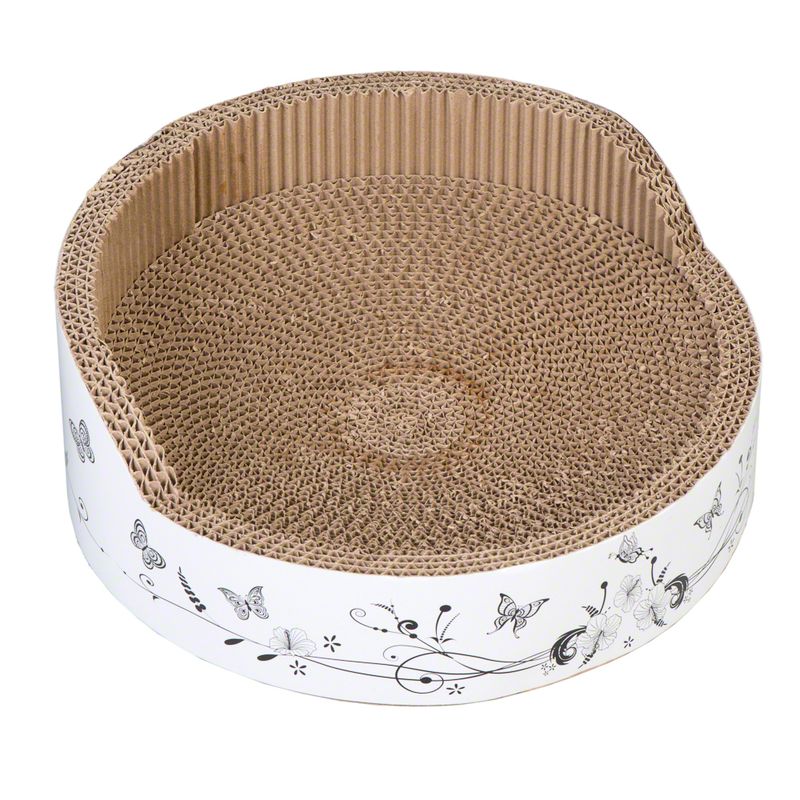 Round scratching mat made of corrugated cardboard with white edge, decorated with butterfly and flower motifs.