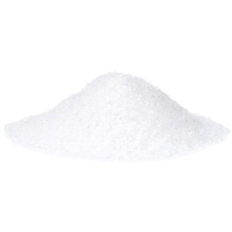 Pile of white, fine crystals. Product image of de-icing salt or similar material.