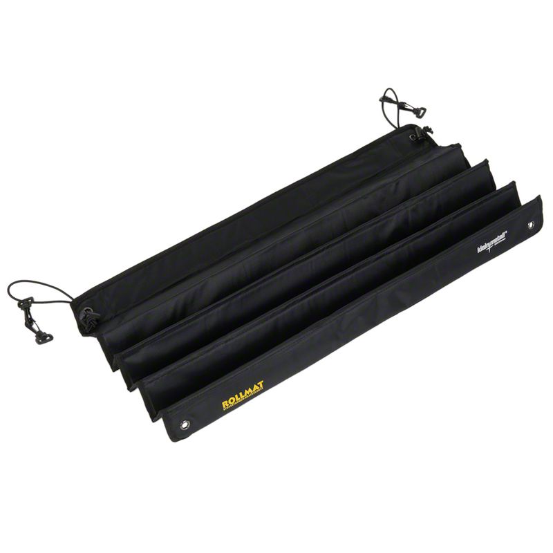 Black roll mat with yellow 'Rollmat' lettering and white 'foldamat.com' logo, foldable with fastening loops.
