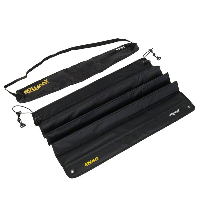 Black foldable mat with carry bag, shown open and rolled up. Includes securing clips and visible brand text 'Rollmat'.
