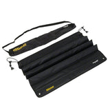 Black foldable mat with carry bag, shown open and rolled up. Includes securing clips and visible brand text 'Rollmat'.