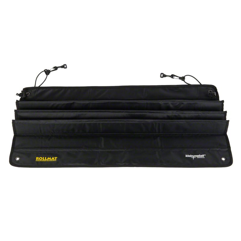 Black foldable mat with adjustable straps and eyelets, labelled 'Rollmat' and 'kleinmetall', shown laid out flat for use or installation.
