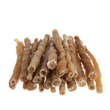 Several twisted chew snacks made of brown material, suitable as treats or for keeping pets occupied.