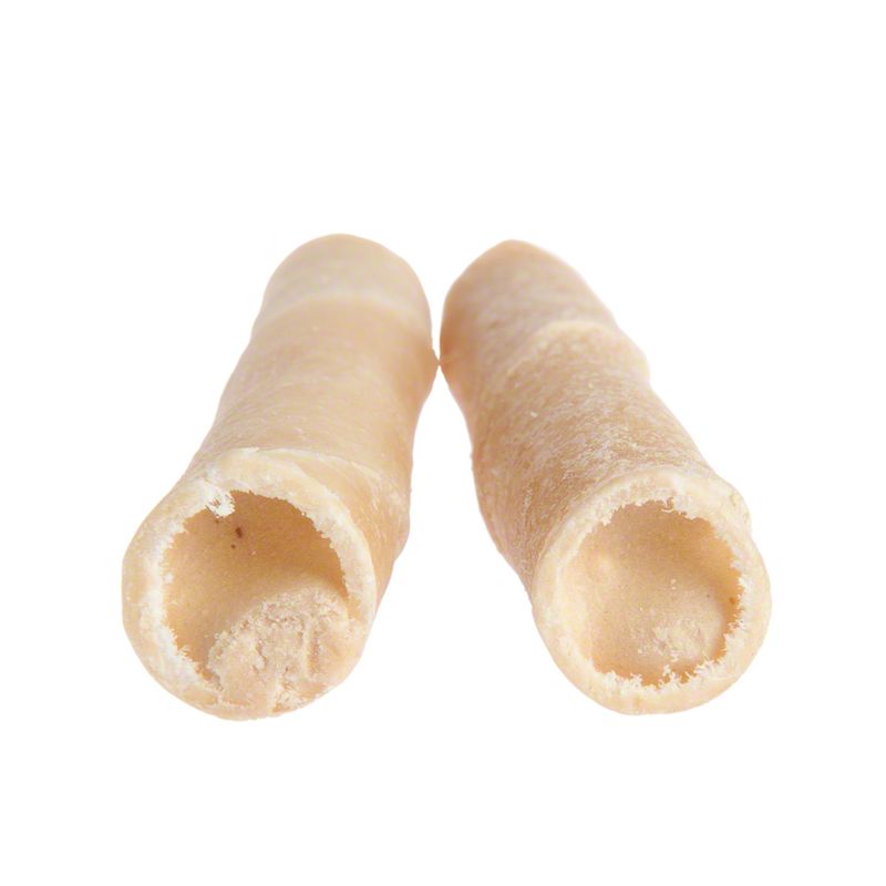 Two hollow, beige chew sticks made from natural material, suitable as a chew snack for pets.