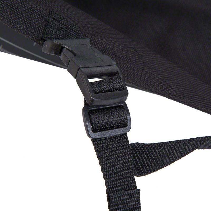 Black plastic click fastener with adjustable webbing, detail view.