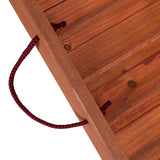 Wooden board with red and black braided rope handles, suitable for carrying or pulling.