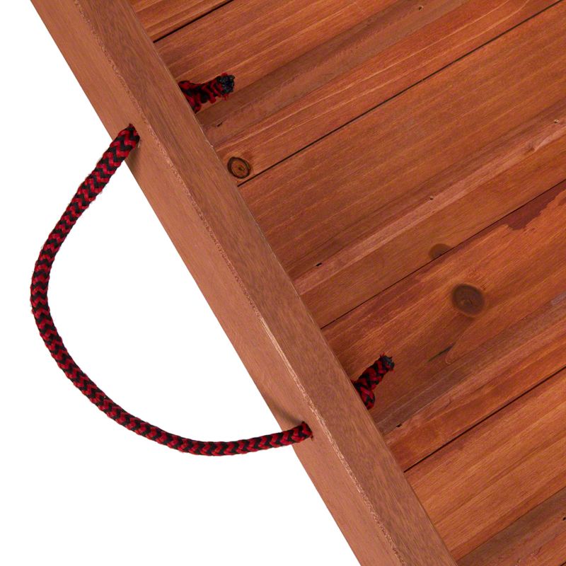 Wooden board with red and black braided rope handles, suitable for carrying or pulling.