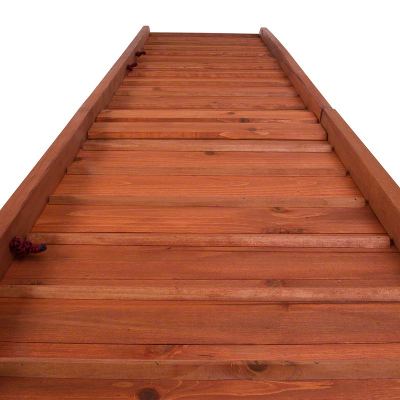 Wooden ramp with red rope knots on the sides, suitable for pet accessories or toys.