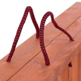 Red and black cords threaded through a wooden board. Close-up of material and design.