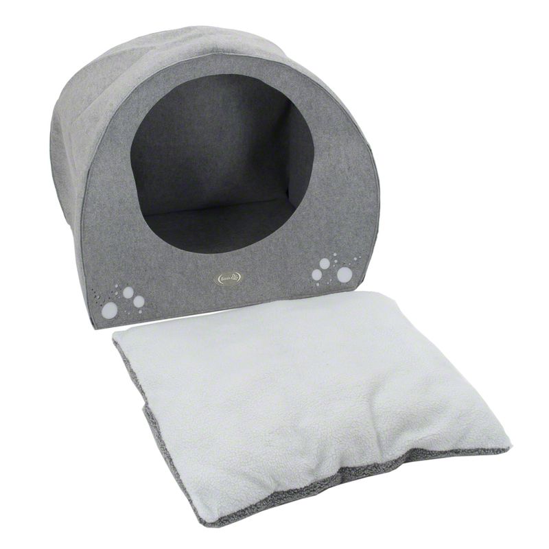 Grey, round pet bed with removable white cushion and decorative paw prints on the front.