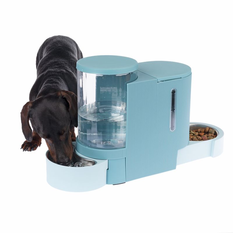 Food and water dispenser in blue with integrated bowl, filled with dry food. Dog drinking from the water bowl.