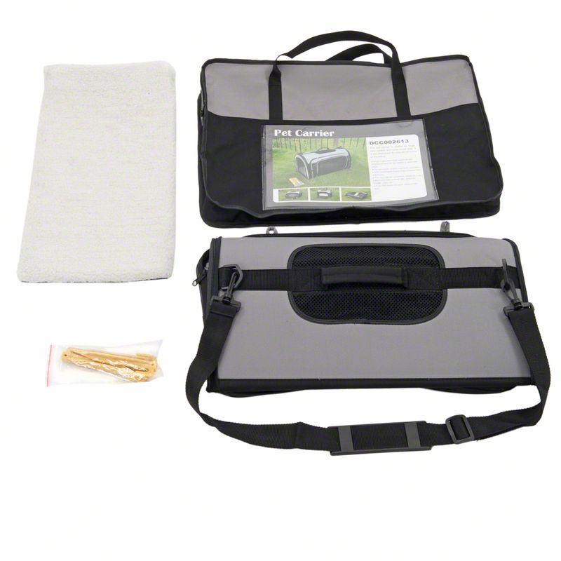 Pet Carrier transport bag with grey fabric, black mesh window, carrying straps, white insert and fastening pins. Product description visible on packaging.