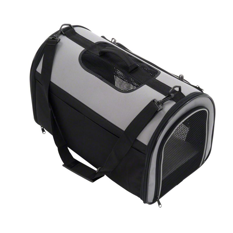 Transport bag with grey and black design, mesh window for ventilation, carrying handle and shoulder strap. Suitable for safe transport of pets.