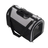 Transport bag with grey and black design, mesh window for ventilation, carrying handle and shoulder strap. Suitable for safe transport of pets.