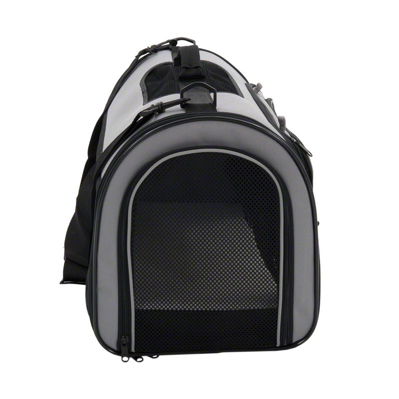 Carrier bag with grey fabric and black mesh window, suitable for pet transport. With carrying handle and zip.