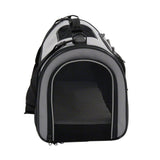 Carrier bag with grey fabric and black mesh window, suitable for pet transport. With carrying handle and zip.