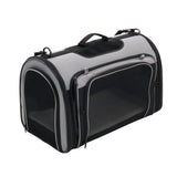 Transport bag made of grey and black material with mesh windows, carrying handle and zips. Suitable for safe transport of pets.