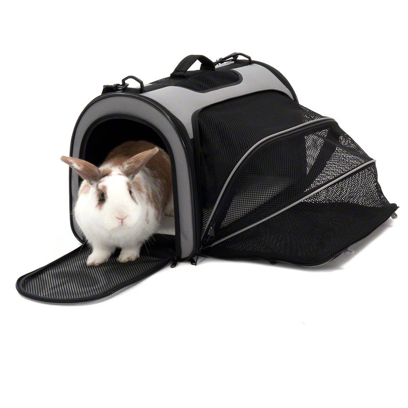 Transport bag with mesh windows and expandable side section, suitable for pets. Front open, animal stepping out.