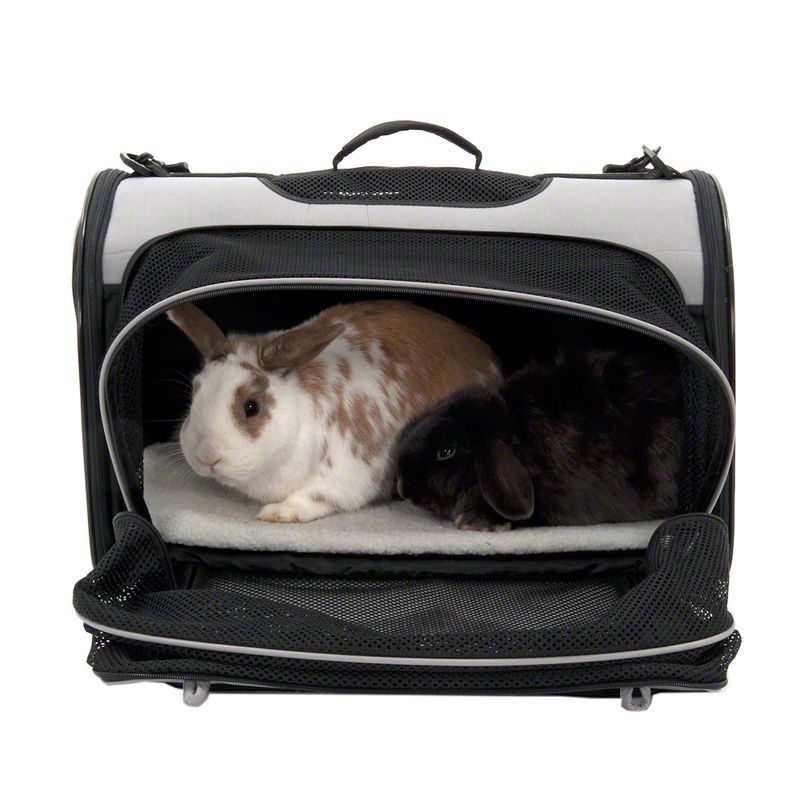 Transport bag with mesh windows, open, two rabbits visible inside on a white base.
