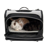 Transport bag with mesh windows, open, two rabbits visible inside on a white base.