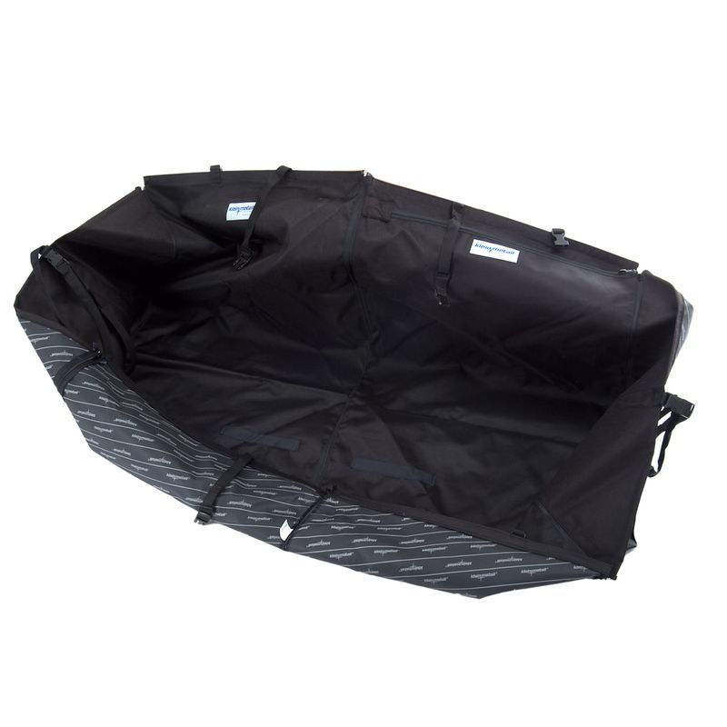 Black, foldable transport box with reinforced side walls and carrying handles, suitable for safe transport of pets.