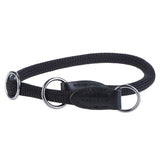 Black dog collar made of braided nylon with two metal rings and leather details.