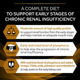 Complete diet for early chronic renal insufficiency: moderate high quality protein, early restricted phosphorus, and added omega-3 fatty acids, potassium, antioxidants for kidney support.