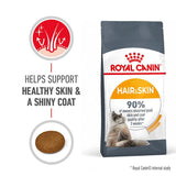 Product image showing Royal Canin Hair & Skin food, claims to help support healthy skin and a shiny coat. States 90% of owners observed good skin and coat quality after 3 weeks.