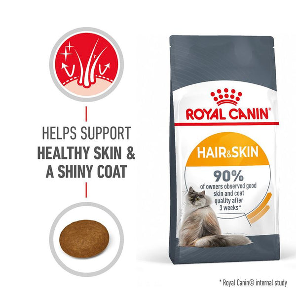 Product image showing Royal Canin Hair & Skin food, claims to help support healthy skin and a shiny coat. States 90% of owners observed good skin and coat quality after 3 weeks.