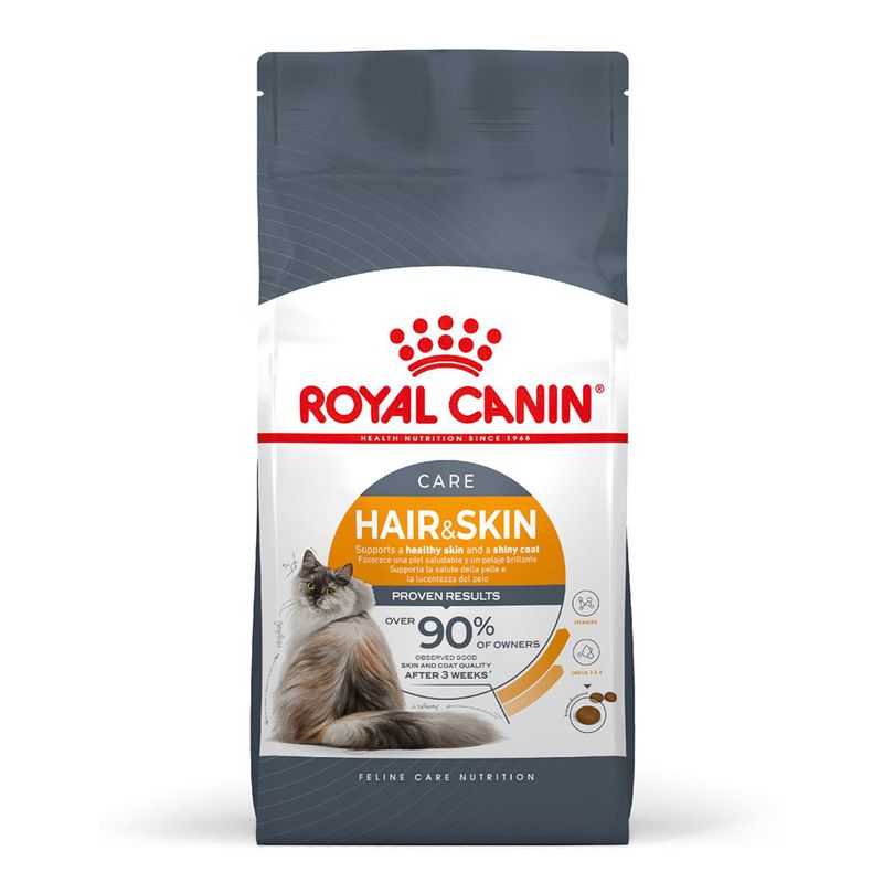Royal Canin Care Hair & Skin dry food bag showing claim: supports healthy skin and shiny coat, over 90% of owners observed good skin and coat quality after 3 weeks.