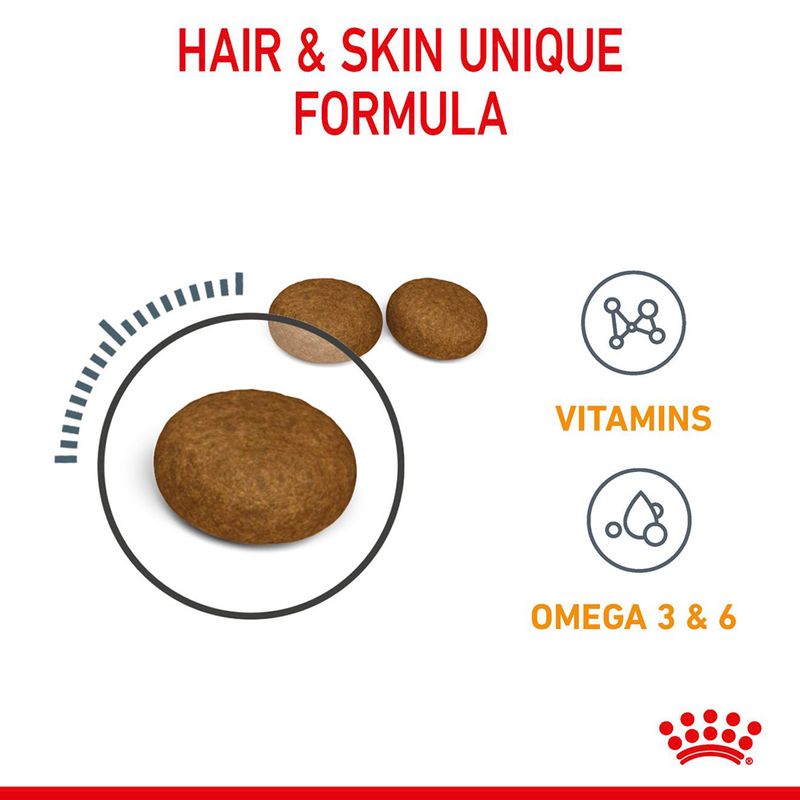 Hair and skin unique formula with kibble shown, highlighting added vitamins and omega 3 and 6 as key ingredients.