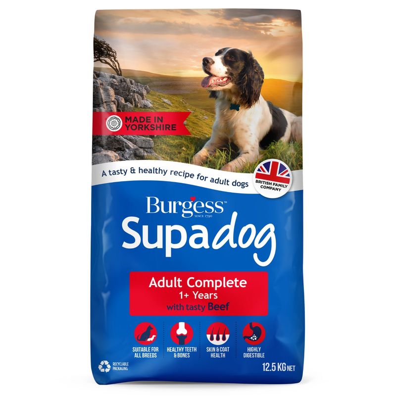 Burgess Supadog Adult Complete 1+ Years with Beef, made in Yorkshire, British Family Company, 12.5 kg, suitable for all breeds, healthy teeth and bones, easily digestible.