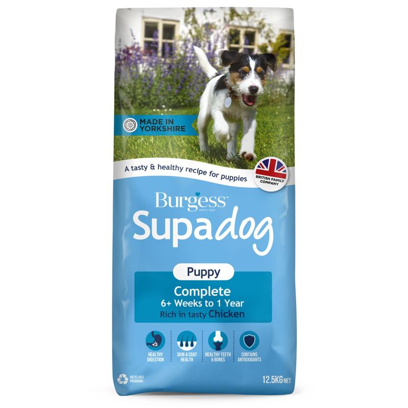 Burgess Supadog Puppy Complete, 6+ weeks to 1 year, rich in chicken. Made in Yorkshire. British family company. For healthy digestion, skin, coat, teeth, bones, antioxidants.