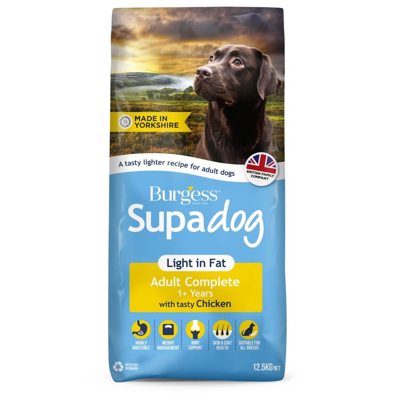 Burgess Supadog Light in Fat Adult Complete 1+ Years with Chicken, Made in Yorkshire, British Family Company, 12.5 kg, recyclable packaging.