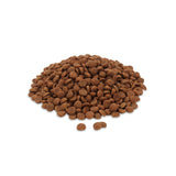Pile of brown dry food kibbles, round and evenly shaped.