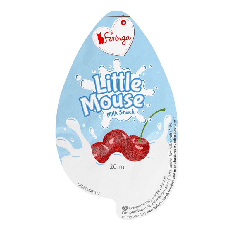 Little Mouse Milk Snack, 20 ml, lactose-free milk with cherry powder. Packaging shows splash of milk and cherries.